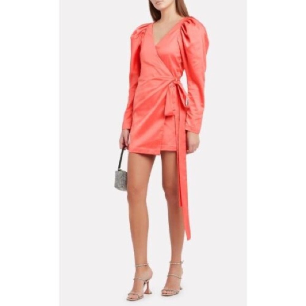 rotate //birger christensen #31 satin wrap dress, size 4, coral